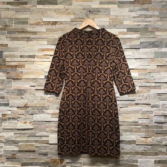 Boden Victoria Jacquard Dress US 4P | Black Gold Metallic, Shift, 3/4 Sleeve - Picture 5 of 7